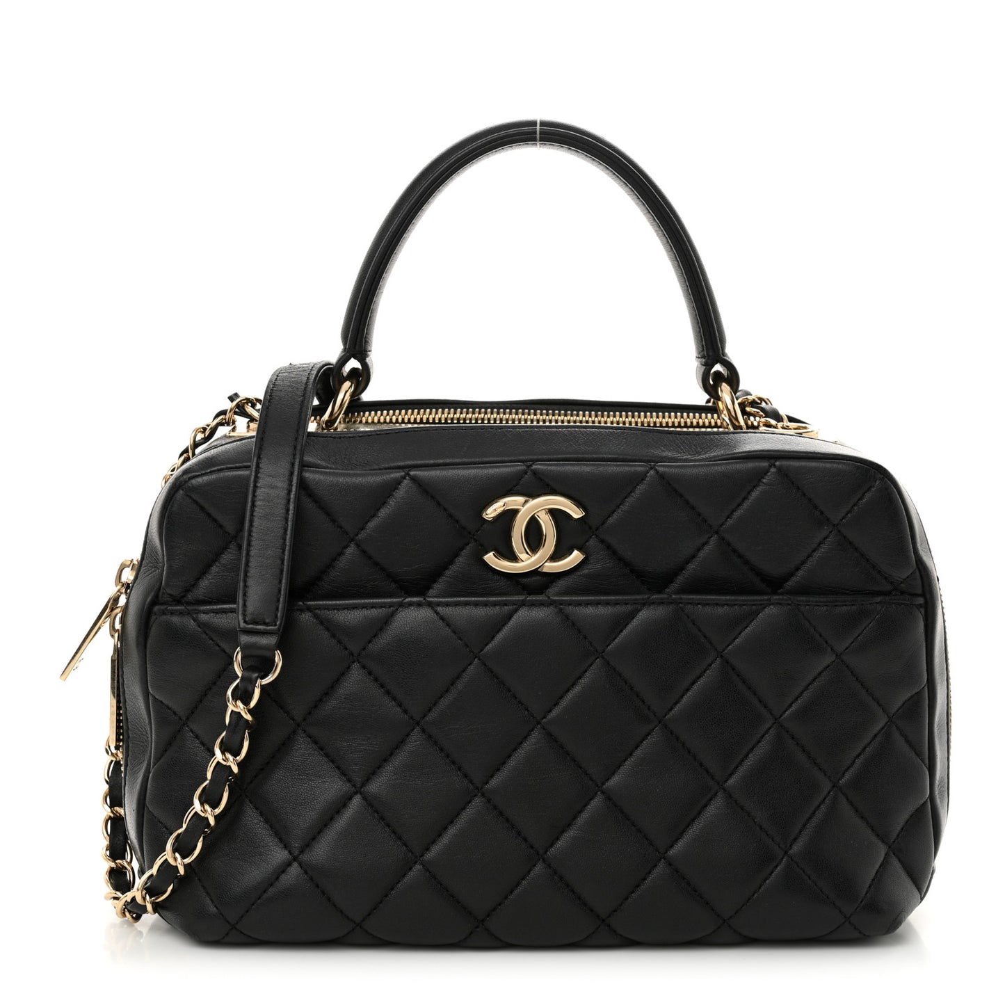 Lambskin Quilted Medium Trendy CC Bowling Bag Black