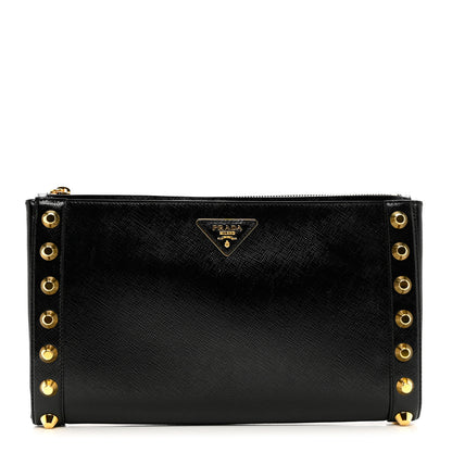 Prada Saffiano Vernice Studded Clutch Black 1 of 6