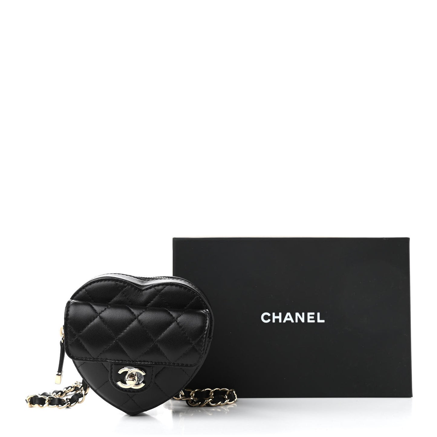 Lambskin Quilted CC In Love Heart Waist Belt Bag With Chain Black