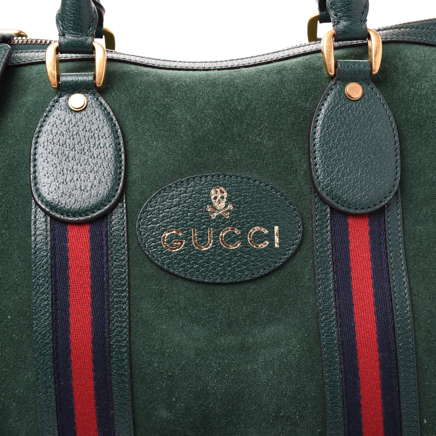 Suede Daino Textured Dollar Calfskin Web Medium Duffle Bag Green