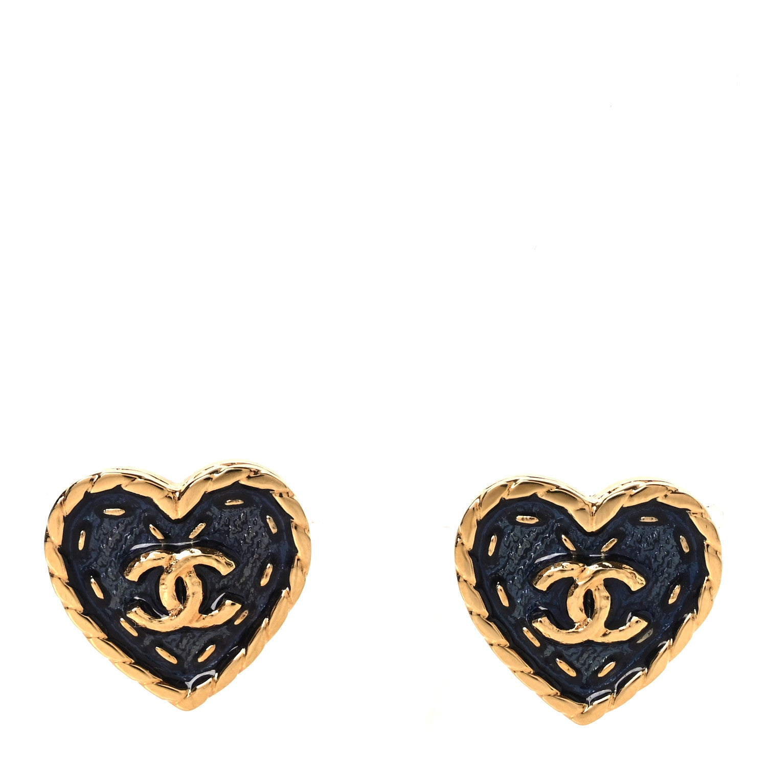 Chanel Metal Enamel CC Denim Heart Earrings Gold Blue 1 of 5
