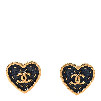 Chanel Metal Enamel CC Denim Heart Earrings Gold Blue 1 of 5