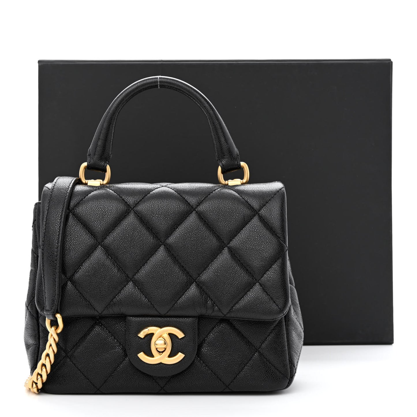 Shiny Caviar Quilted Mini Top Handle Flap Black