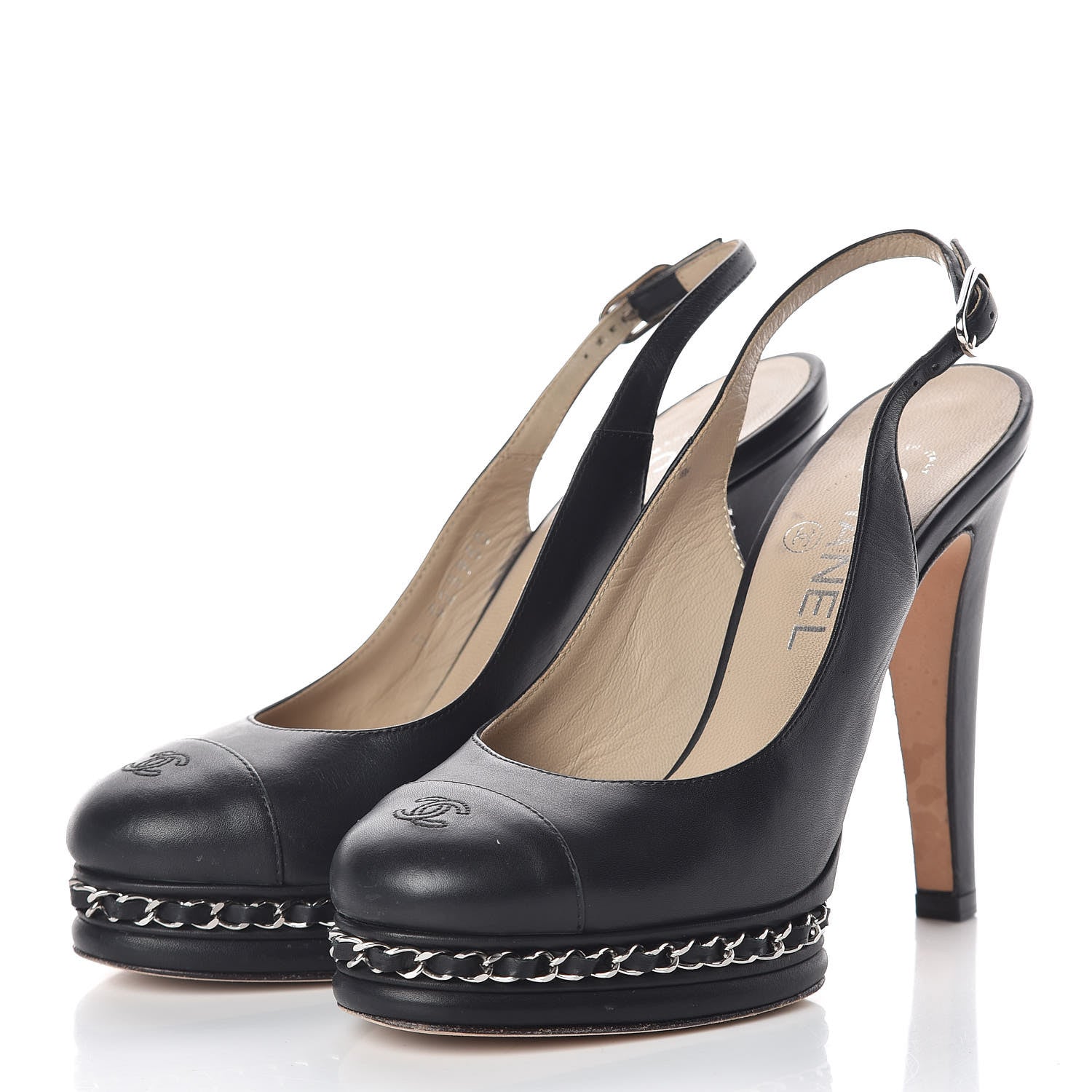 Chanel Lambskin Chain Slingback Pumps 37 Black 3 of 8