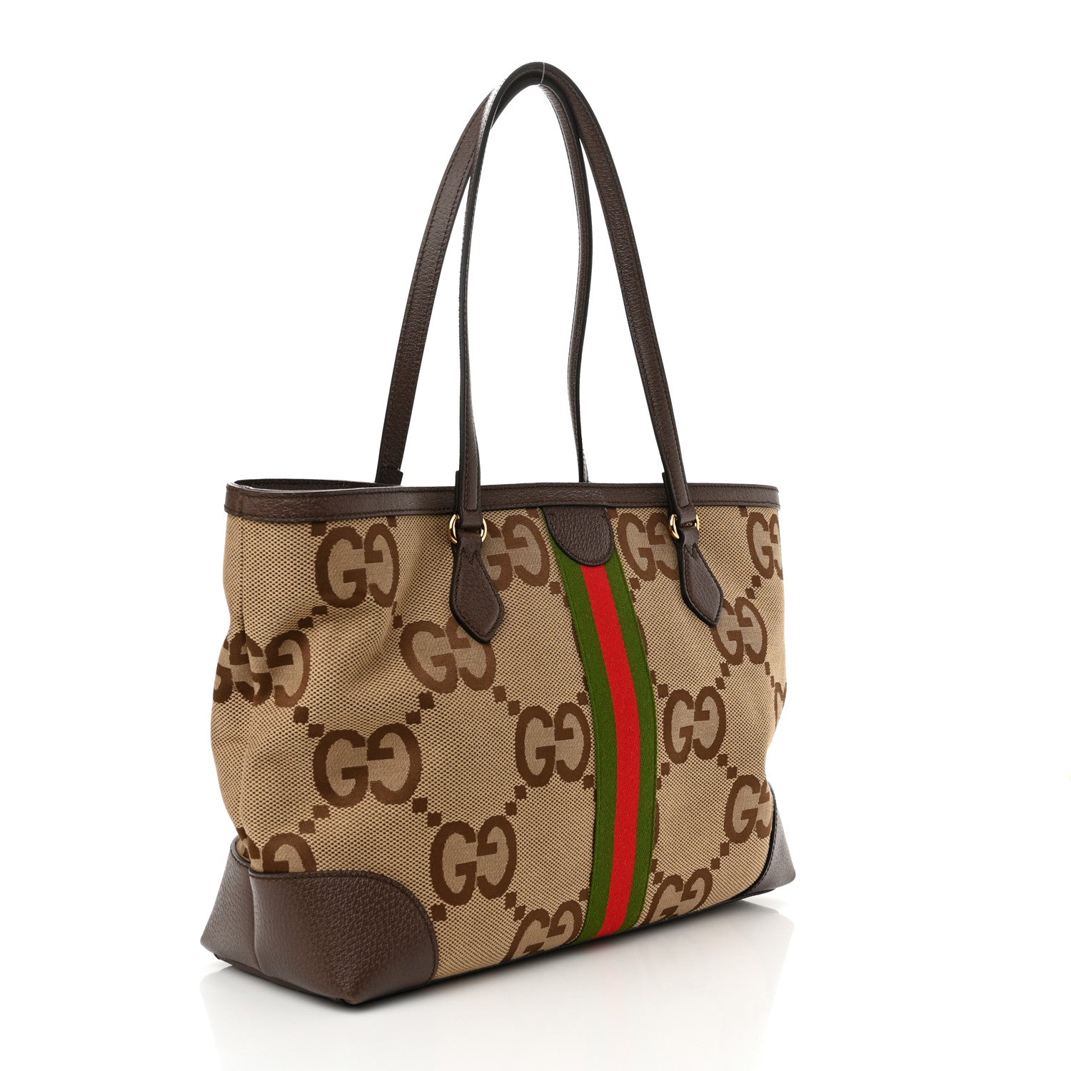 Gucci Monogram Jumbo GG Textured Dollar Calfskin Web Medium Ophidia Shopping Tote Camel Ebony 2 of 11