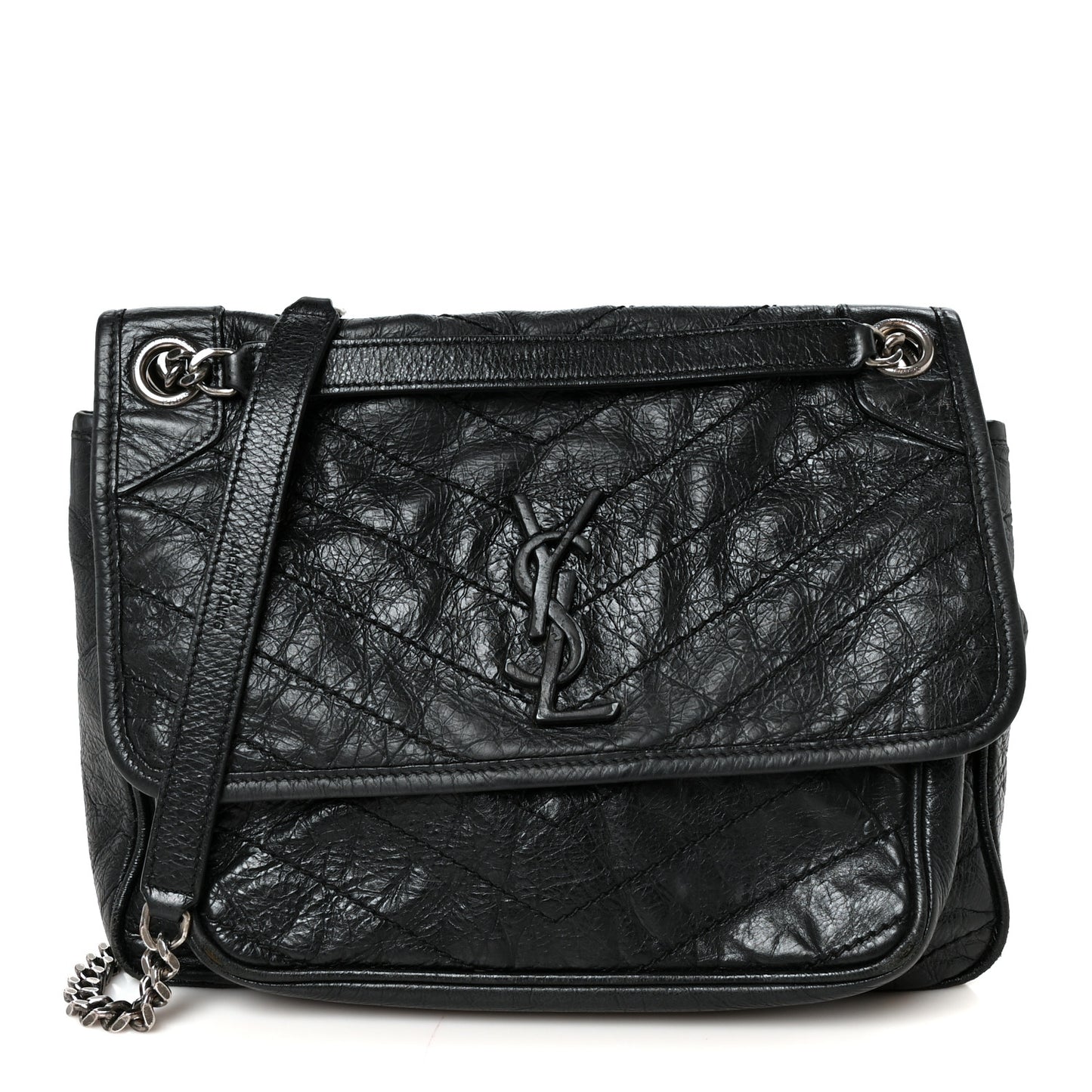 Crinkled Calfskin Matelasse Monogram Medium Niki Chain Satchel Black