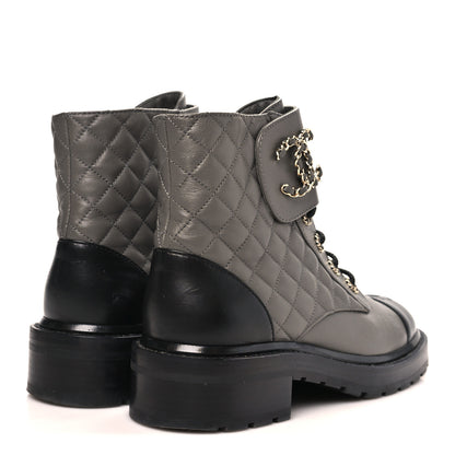 Chanel Shiny Lambskin Quilted Lace Up Combat Boots 39.5 Grey Black 5 of 10