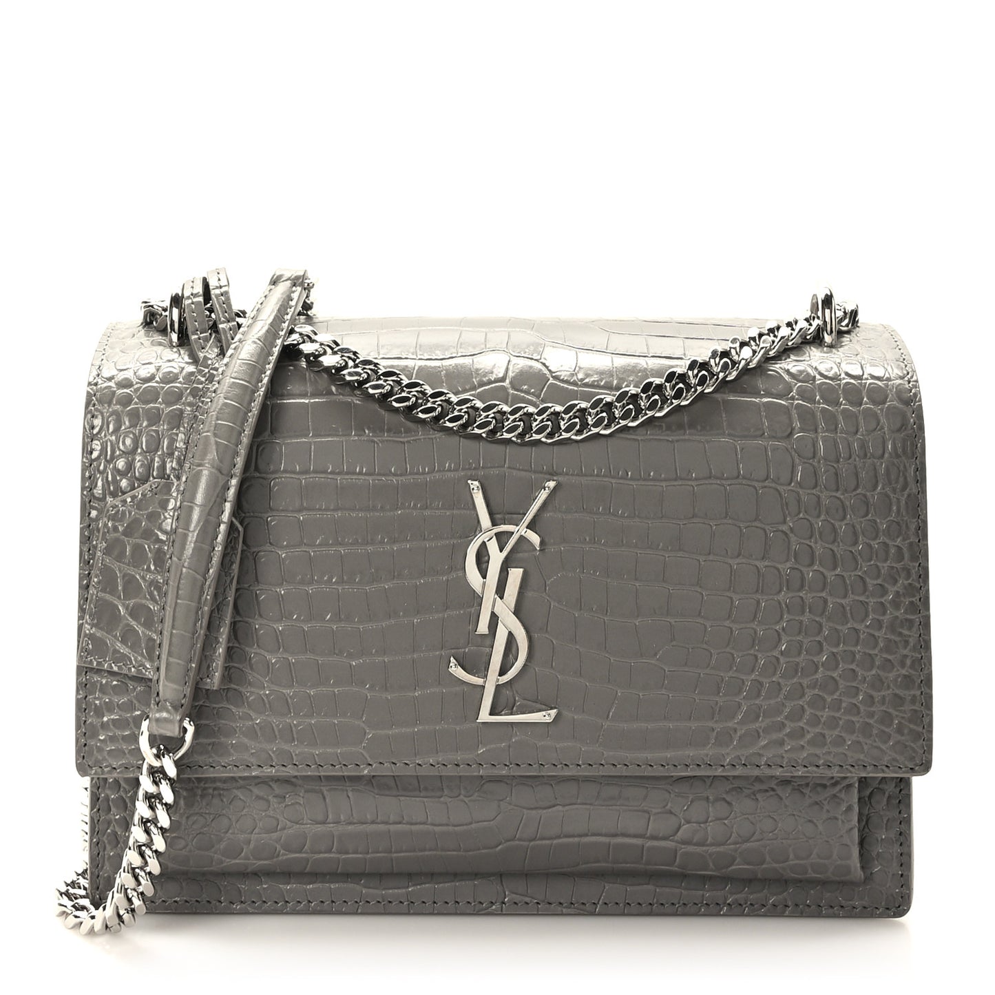 Calfskin Crocodile Embossed Medium Monogram Sunset Fog