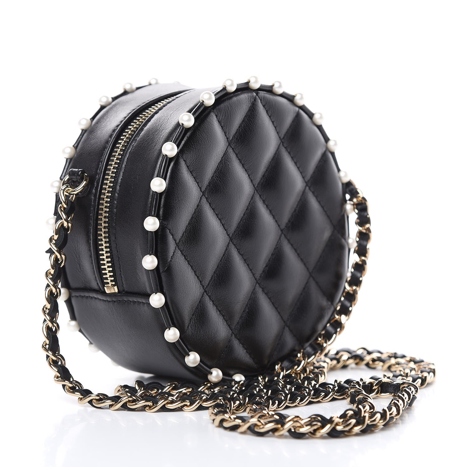 Chanel Calfskin Quilted Pearl Round Clutch With Chain Black 3 of 10