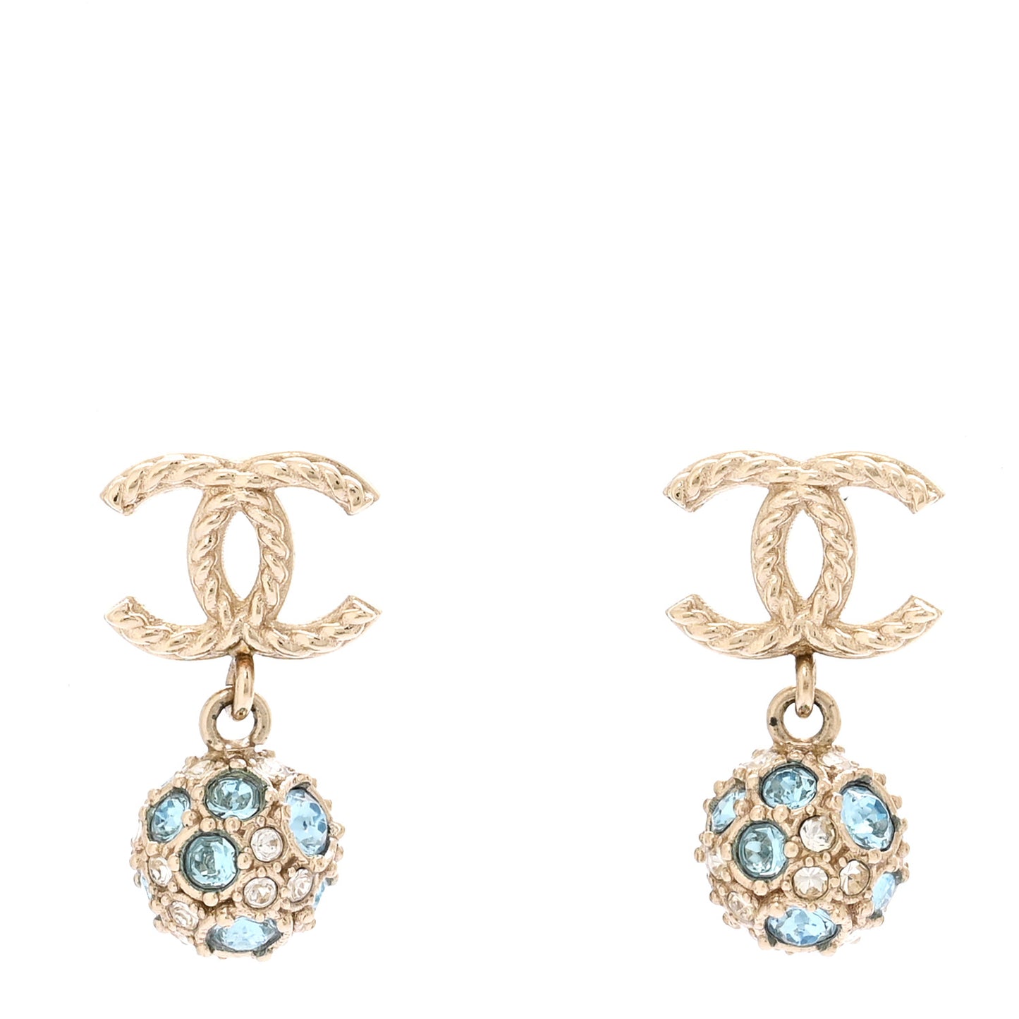 Crystal CC Ball Drop Earrings Gold Blue