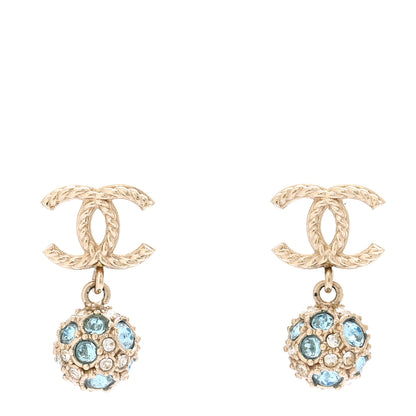 Chanel Crystal CC Ball Drop Earrings Gold Blue 1 of 4