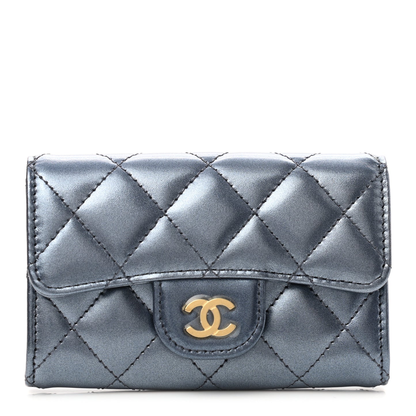 Metallic Lambskin Quilted Flap Card Holder Blue