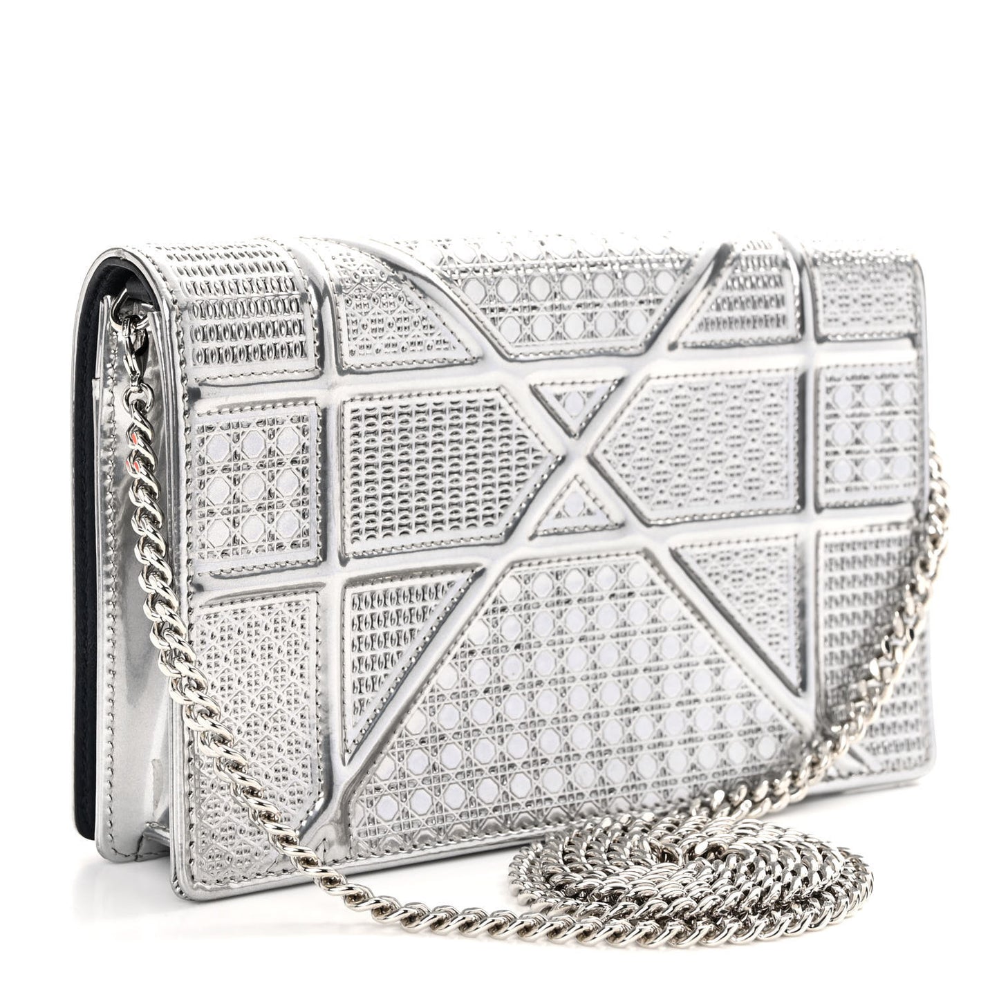 Metallic Patent Micro-Cannage Diorama Wallet on Chain Pouch Silver