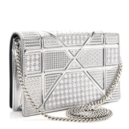 Christian Dior Metallic Patent Micro-Cannage Diorama Wallet on Chain Pouch Silver 3 of 9