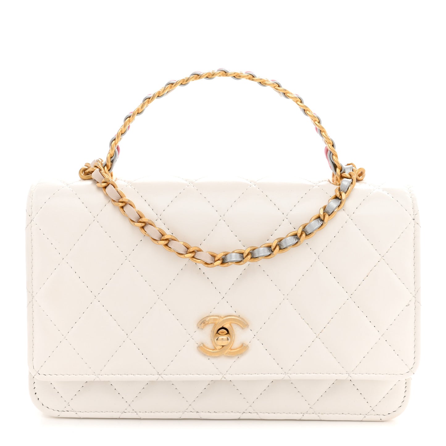 Shiny Calfskin Quilted Multicolor Top Handle Wallet On Chain WOC White