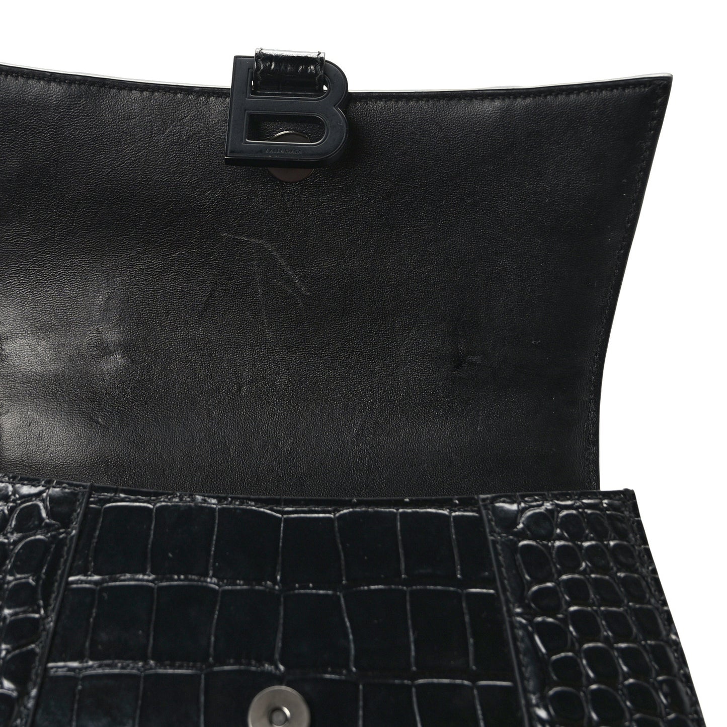Shiny Calfskin Monochrome Crocodile Embossed Small Hourglass Top Handle Bag Black