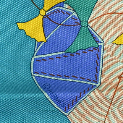 Hermes Silk Bagage a Main Scarf 90  Turquoise Rose Pale Jaune 2 of 5