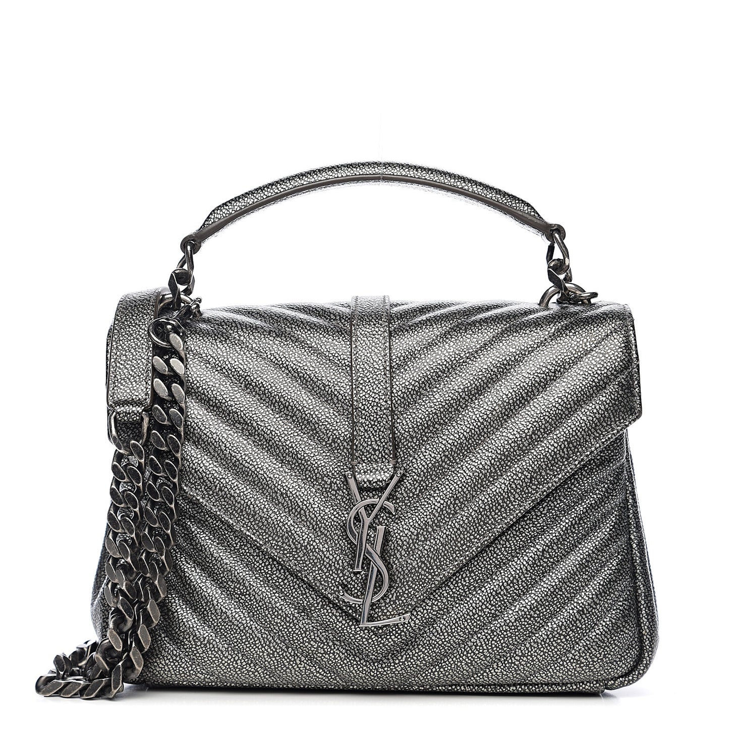 Metallic Grain De Poudre Matelasse Chevron Monogram Medium College Bag Gunmetal
