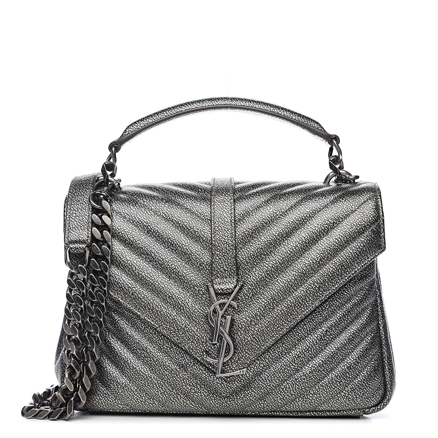 Saint Laurent Metallic Grain De Poudre Matelasse Chevron Monogram Medium College Bag Gunmetal 1 of 9