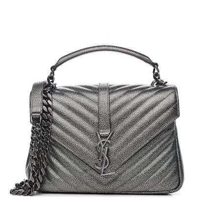 Saint Laurent Metallic Grain De Poudre Matelasse Chevron Monogram Medium College Bag Gunmetal 1 of 9
