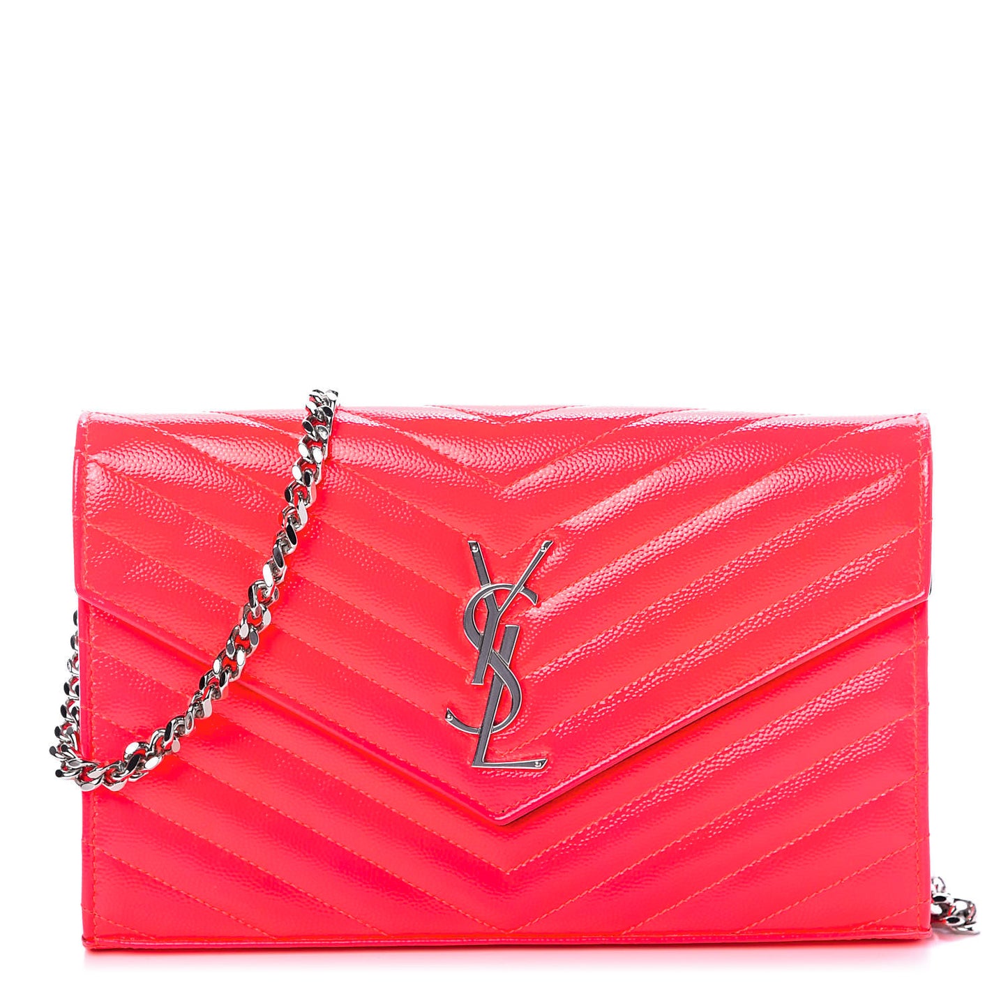 Patent Grain De Poudre Matelasse Chevron Monogram Chain Wallet Neon Pink