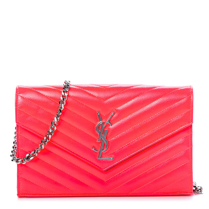 Saint Laurent Patent Grain De Poudre Matelasse Chevron Monogram Chain Wallet Neon Pink 1 of 9