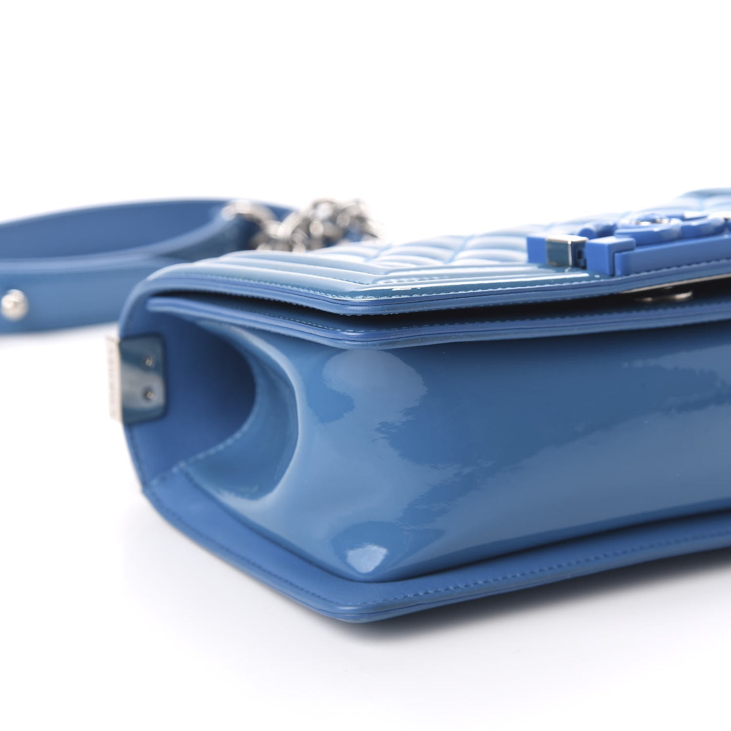 Patent Calfskin Quilted Small Plexiglass Boy Flap Blue