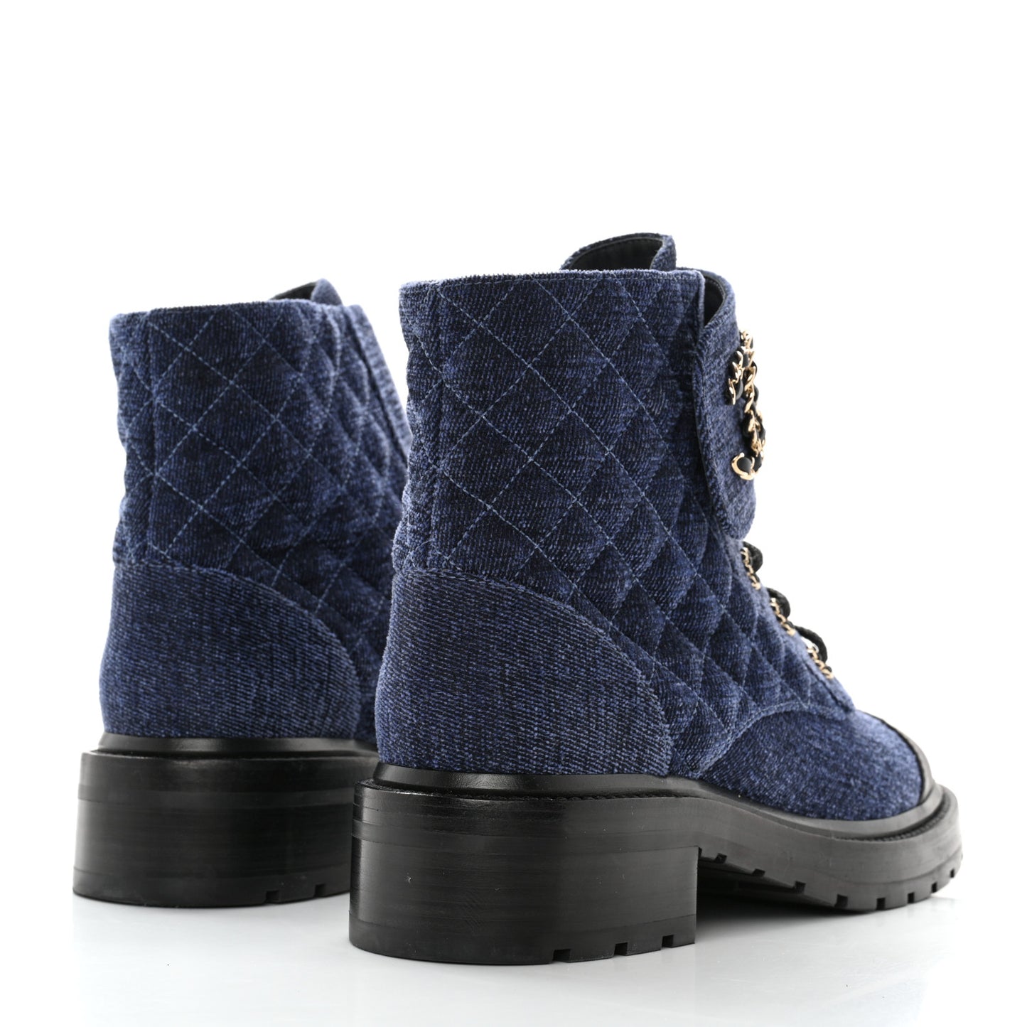 Denim Calfskin Quilted Lace Up Combat Boots 39.5 Blue
