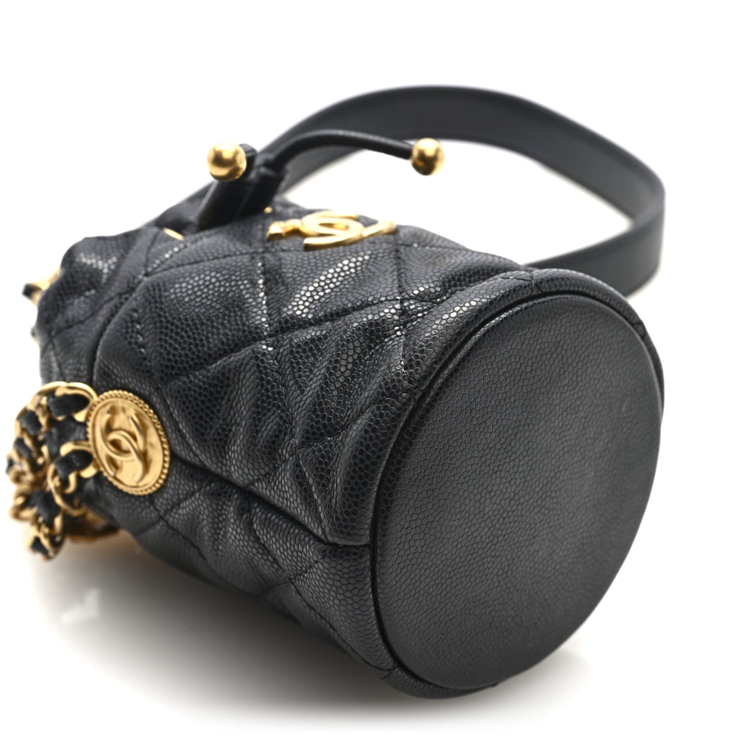 Caviar Quilted Twist Your Buttons Micro Bucket Bag Black