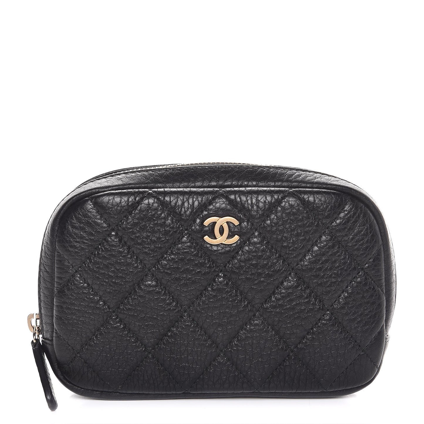 Grained Calfskin Quilted Small Curvy Pouch Cosmetic Case Black