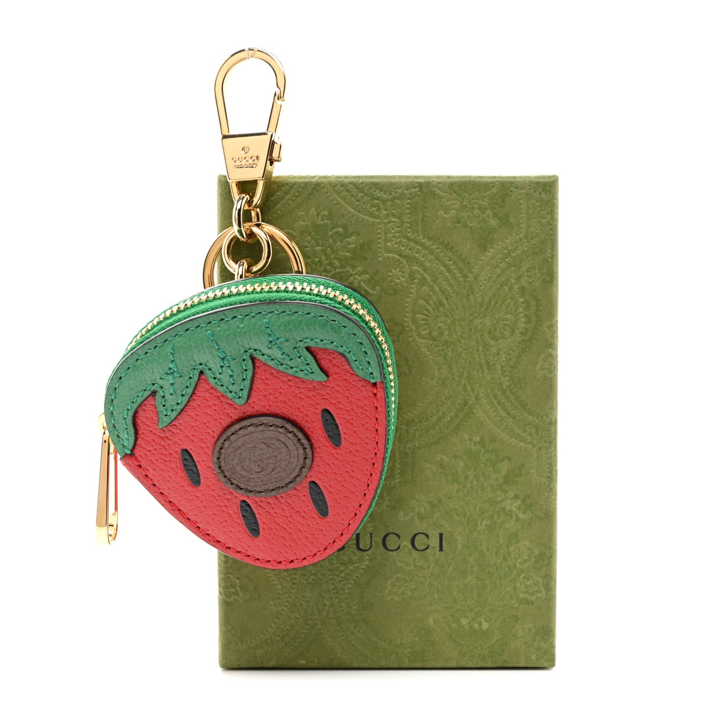 Textured Dollar Calfskin Retro Interlocking G Fruttini Strawberry Coin Case Bag Charm Key Holder