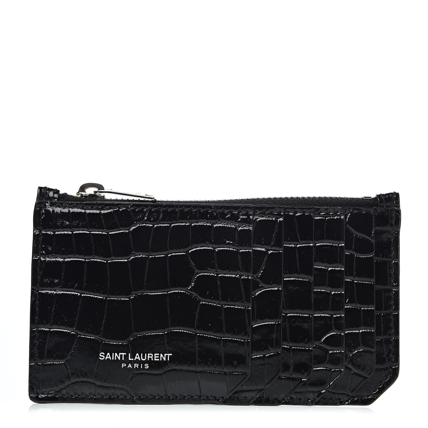 Saint Laurent Calfskin Crocodile Embossed 5 Fragments Zip Pouch Card Holder Black 1 of 7