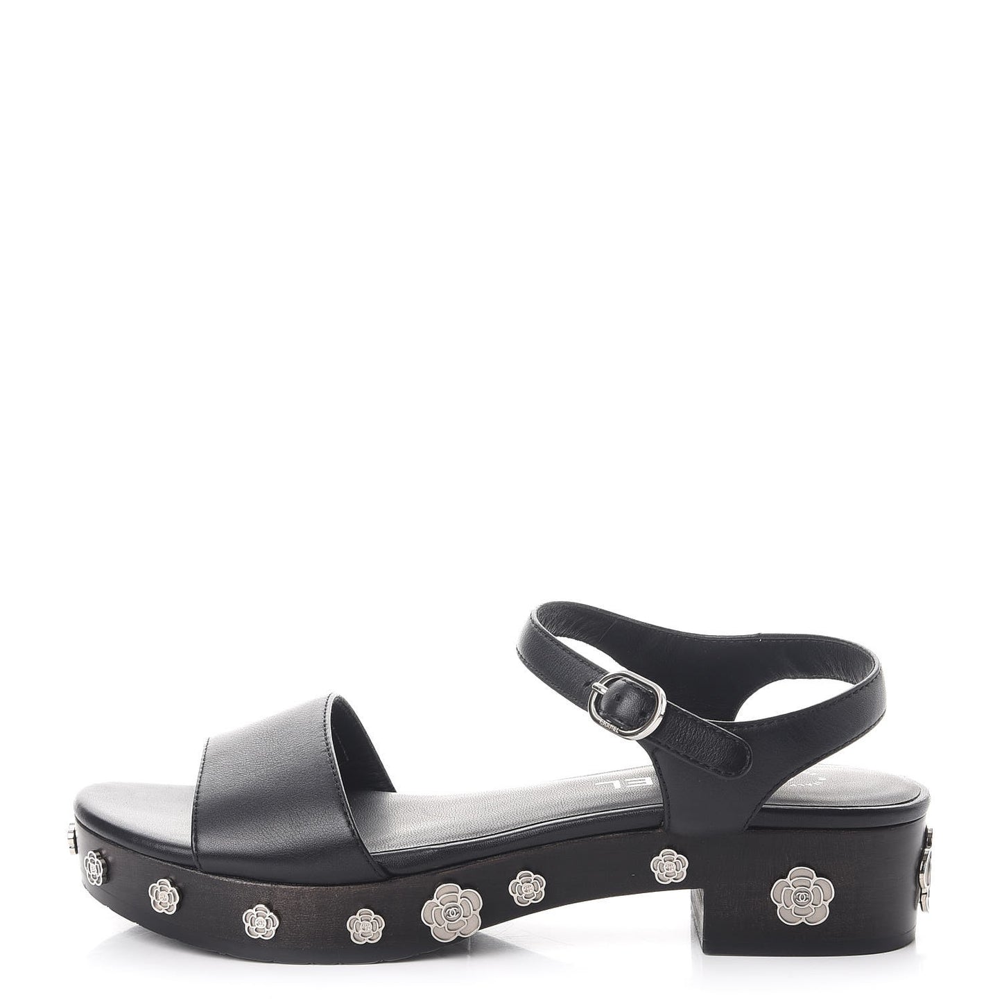 Calfskin Camellia Platform Sandals 38 Black