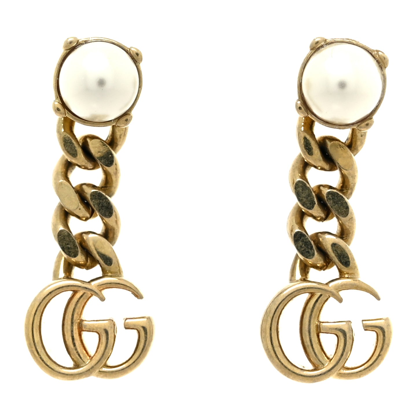 Metal Pearl Double G Chain Drop Earrings Gold