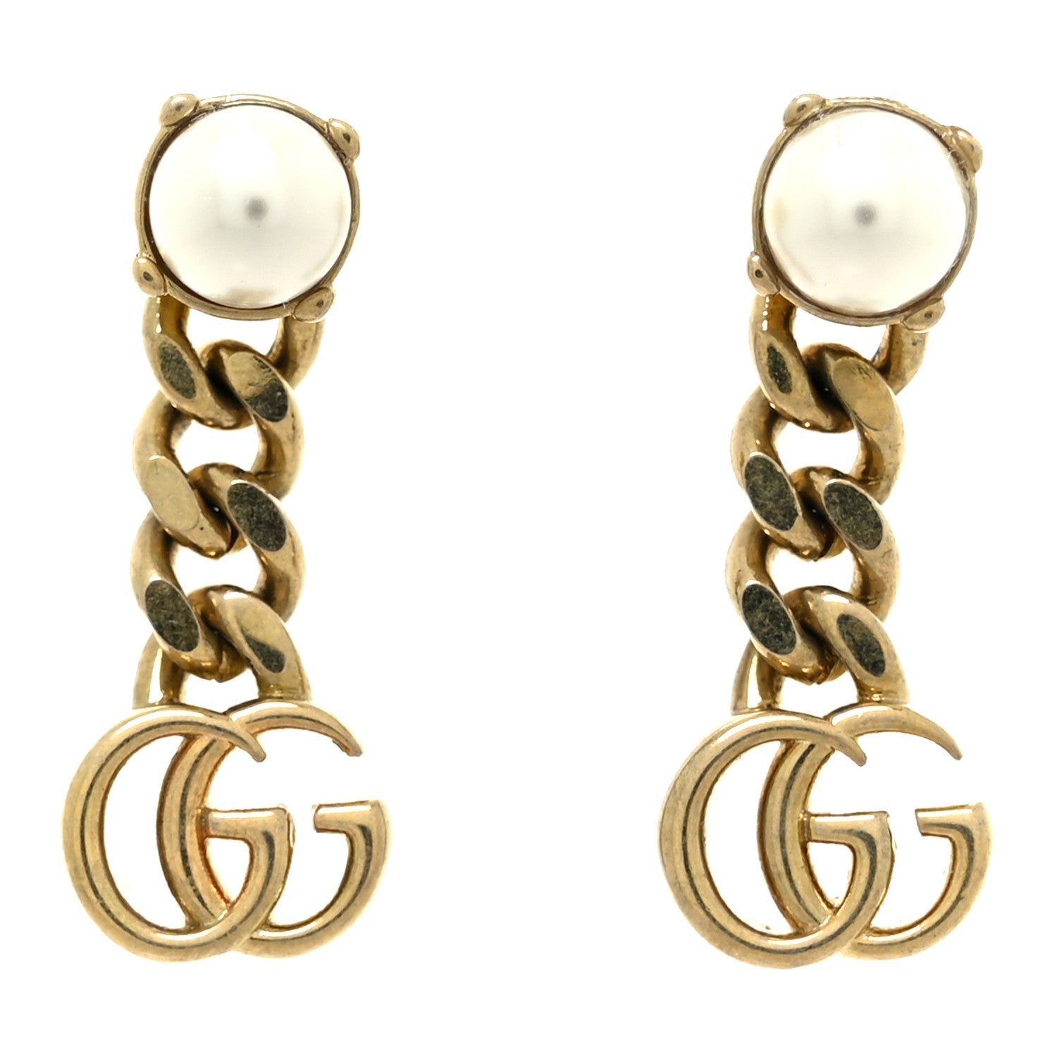 Gucci Metal Pearl Double G Chain Drop Earrings Gold 1 of 5