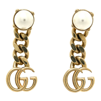 Gucci Metal Pearl Double G Chain Drop Earrings Gold 1 of 5