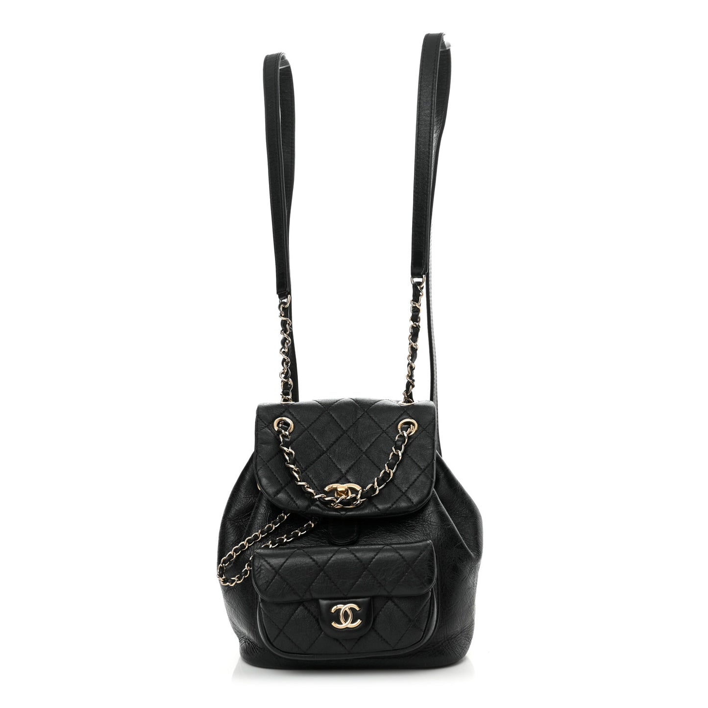 Glazed Aged Calfskin Quilted Small Duma Drawstring Backpack Black