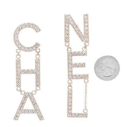 Chanel Crystal Cha-Nel Logo Drop Earrings Gold 2 of 5