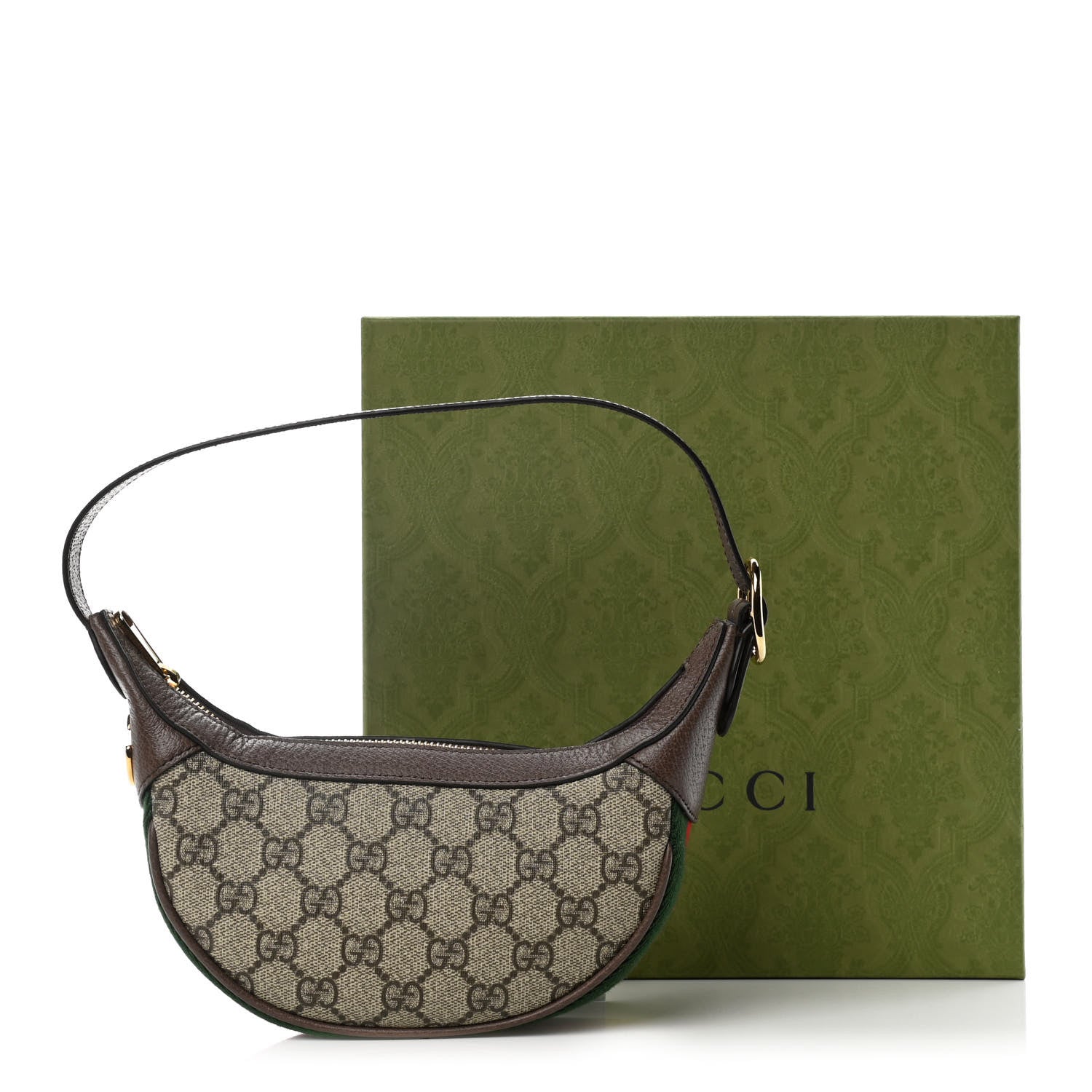 Gucci GG Supreme Monogram Textured Calfskin Web Mini Ophidia Half Moon Hobo Beige Ebony New Acero 11 of 11