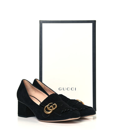 Gucci Kid Scamosciato GG Marmont Fringe 50mm Loafer Pumps 37.5 Black 12 of 12