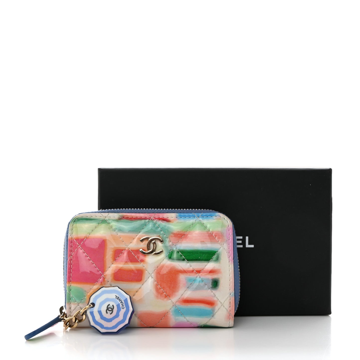 Patent Calfskin Printed Quilted Zip Coin Purse Multicolor