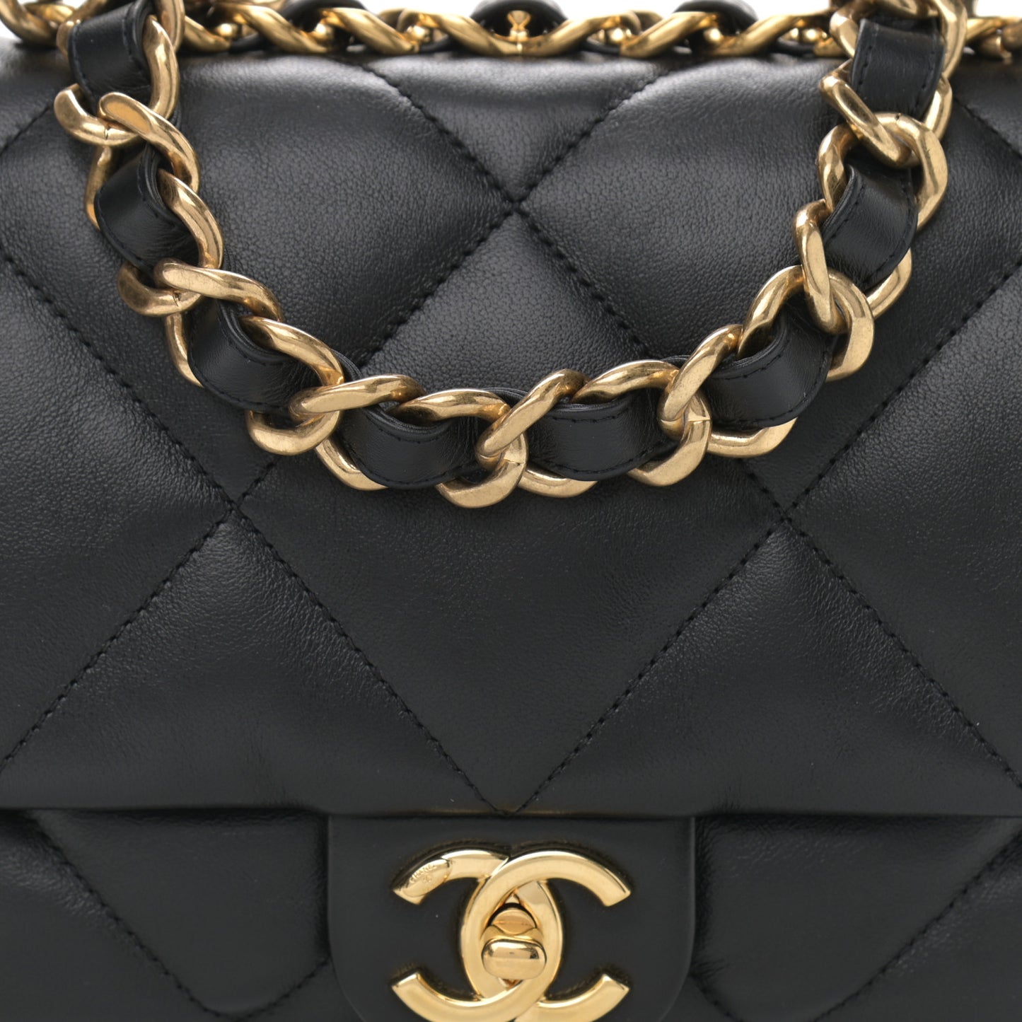 Lambskin Quilted Chain Top Handle Flap Black