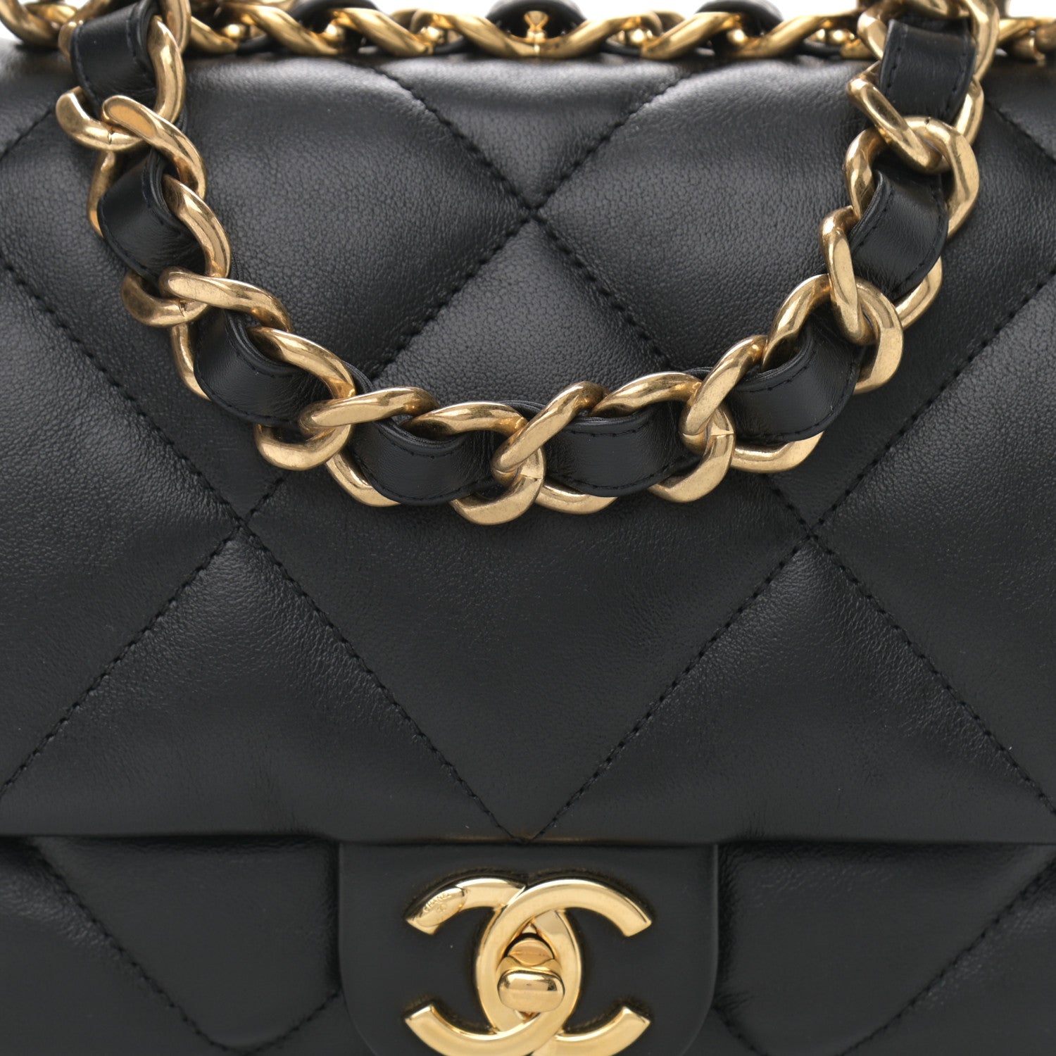 Chanel Lambskin Quilted Chain Top Handle Flap Black 7 of 9