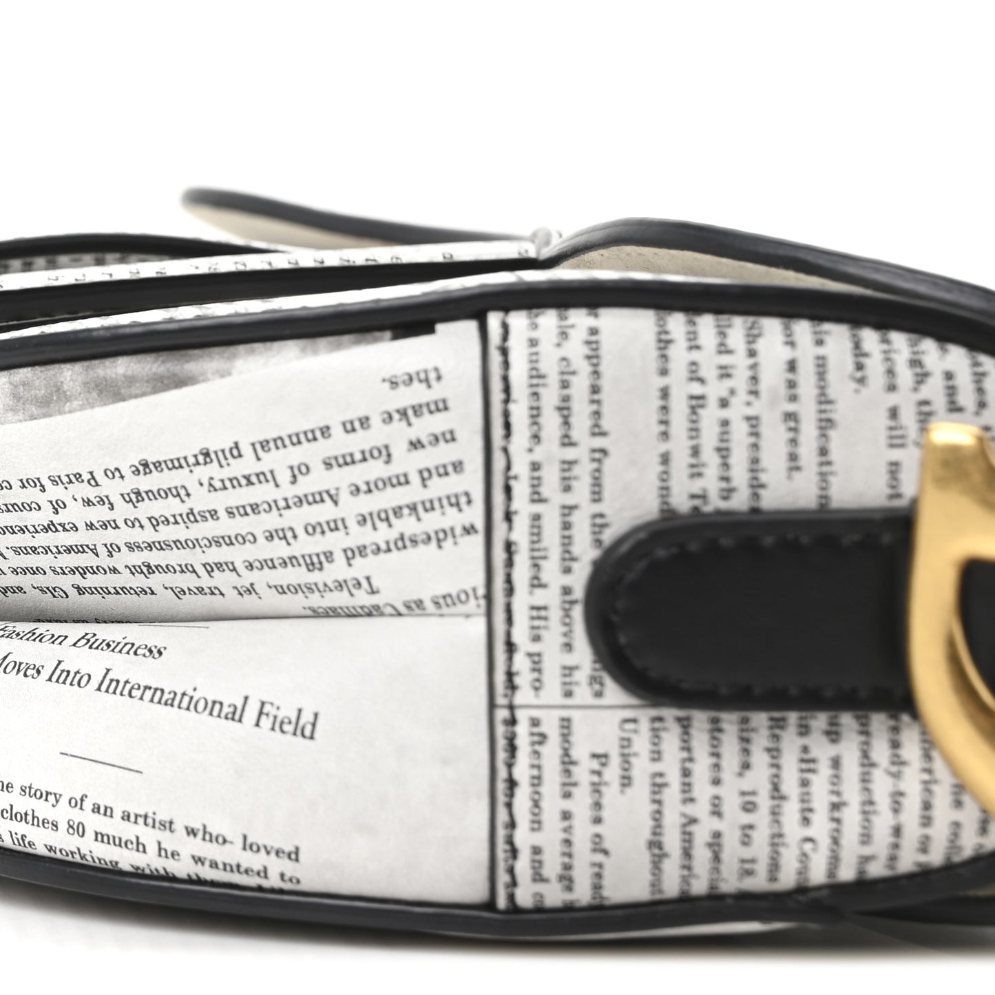 Calfskin Newspaper Printed Saddle Bag With Strap Black White