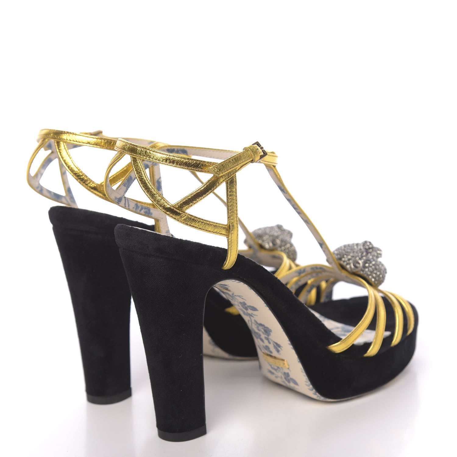 Gucci Velvet Nappa Elias T-Strap Platform High Heel Sandals 37 Black Gold 4 of 10