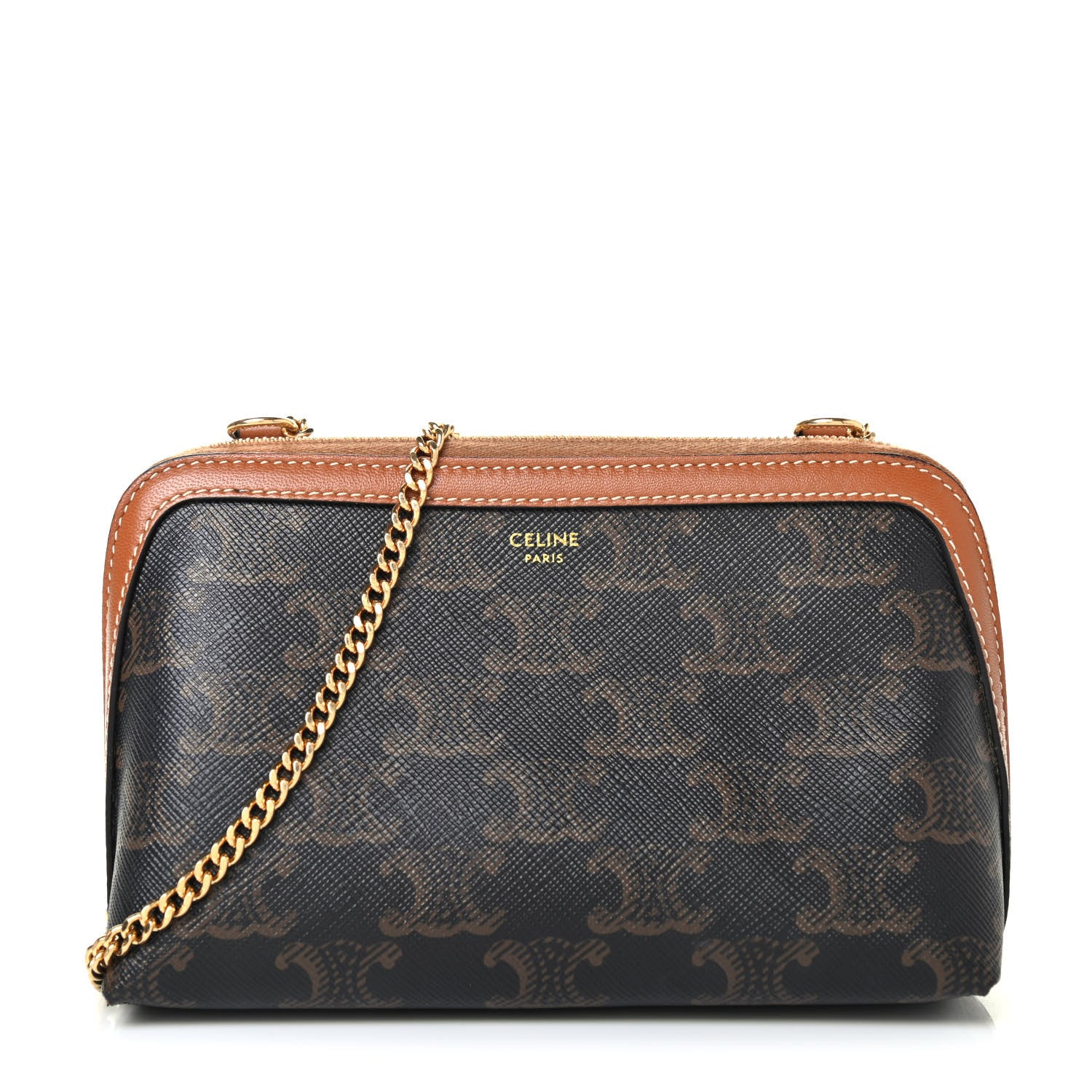 Celine Triomphe Canvas Calfskin Mini Clutch on Chain Tan 1 of 4