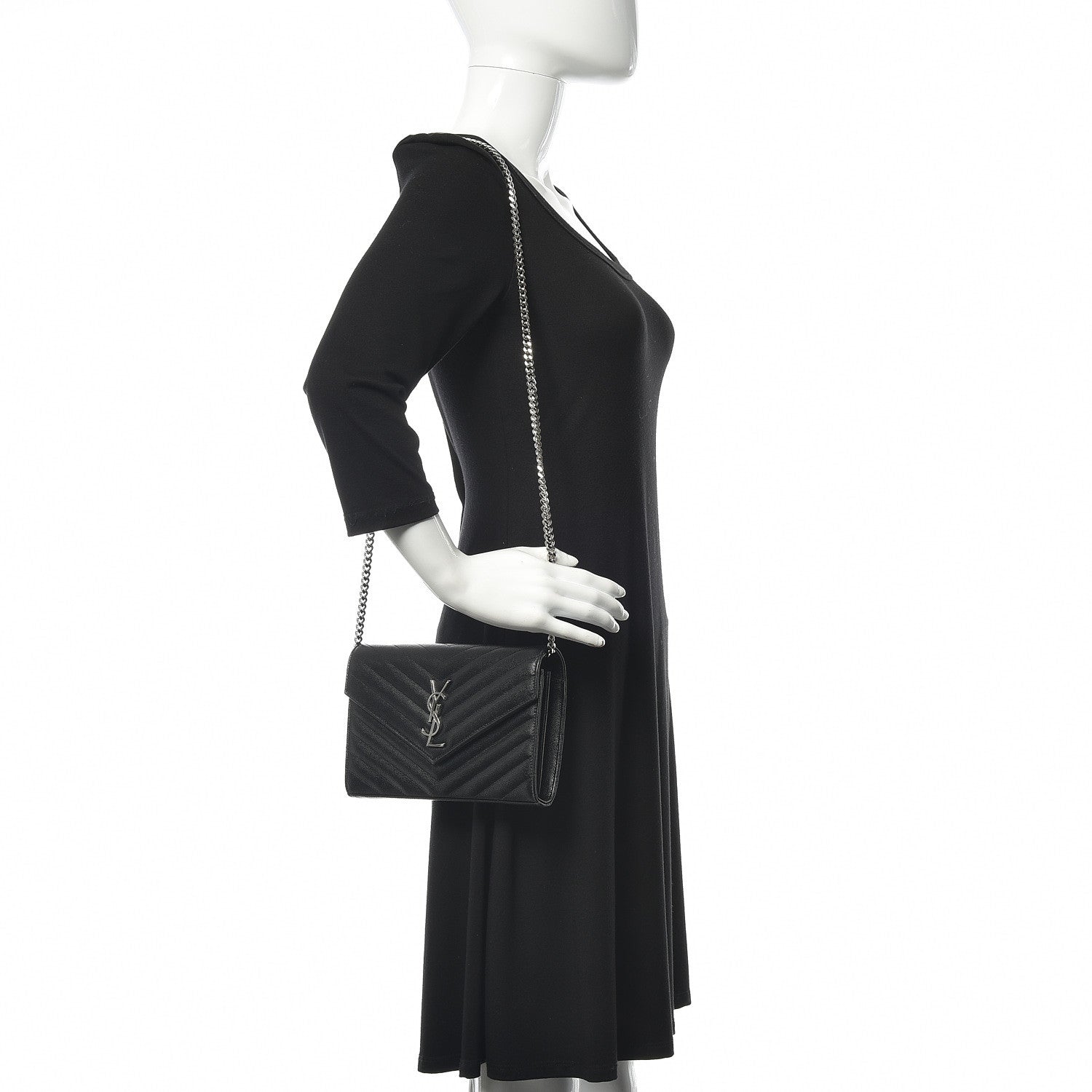 Saint Laurent Grain De Poudre Matelasse Chevron Monogram Chain Wallet Black 2 of 10