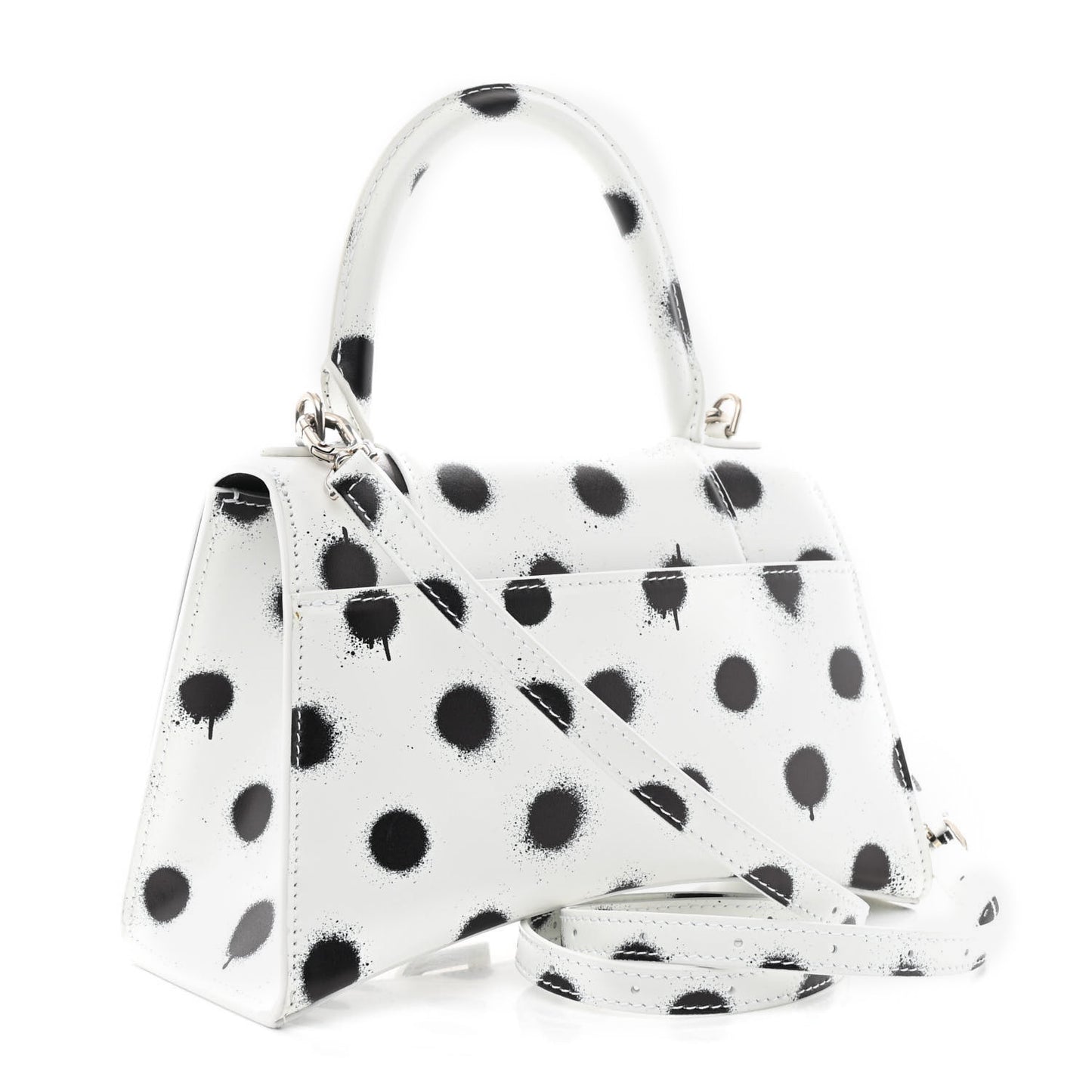 Smooth Calfskin Spray Polka Dot Small Hourglass Top Handle Bag White Black