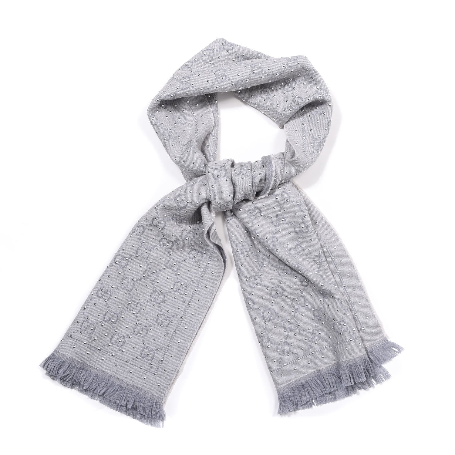 Gucci Wool Silk GG Monogram Studded Fringe Scarf Grey 1 of 3