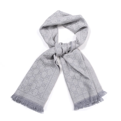 Gucci Wool Silk GG Monogram Studded Fringe Scarf Grey 1 of 3